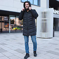 Зимняя мужская удлиненная куртка на био-пухе с капюшоном, рр 48-60, ТМ Vavalon, арт. 225 black