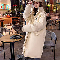 Женский ультрамодный зимний пуховик пальто длинный свободный теплый с капюшоном, стиль 2023, бежевый (840)
