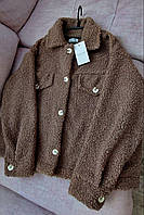 Повседневная универсальная модная женская куртка- рубашка из меха Тедди без подкладки цвет пудра молоко шокол Шоколад