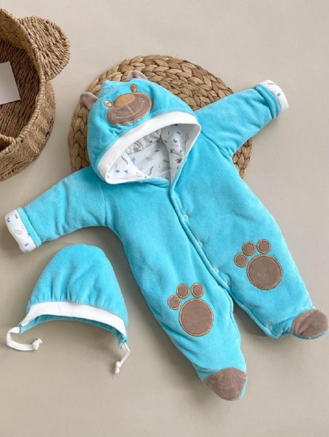 Демісезонний велюровий комбінезон з шапочкою для новонародженого хлопчика бірюзовий, фото 1