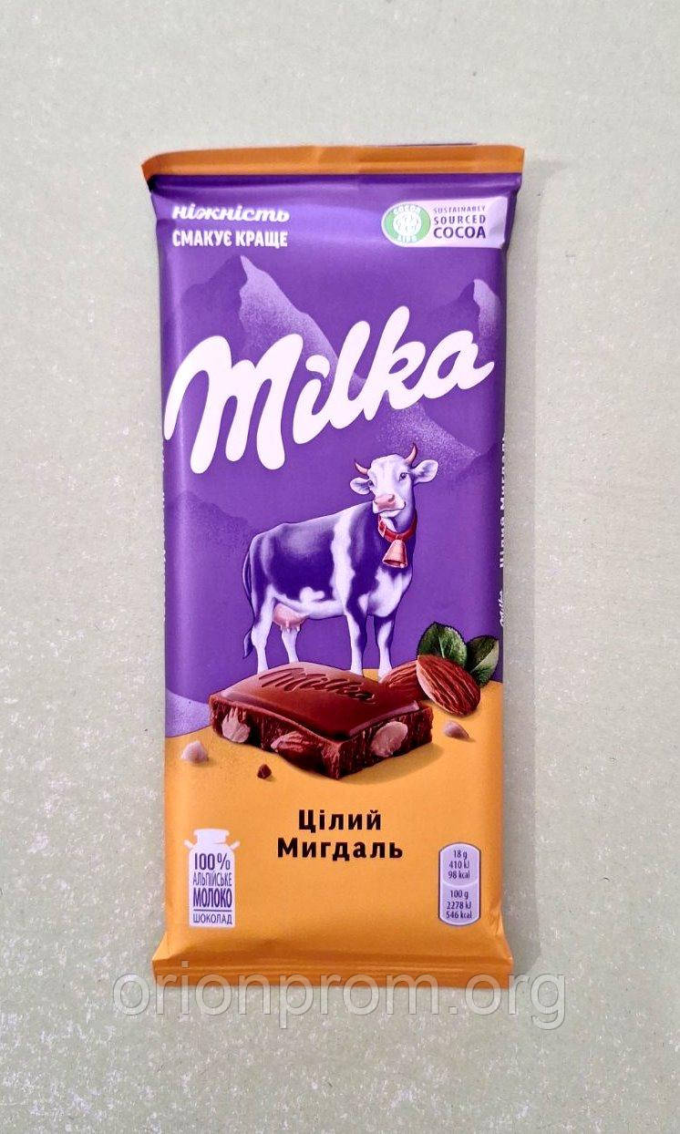 Шоколад Milka із цілим мигдалем молочний 90 г, фото 1