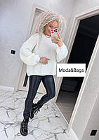 Женская модная стильная вязаная тёплая кофта свитер зимний белый оверсайз р.44