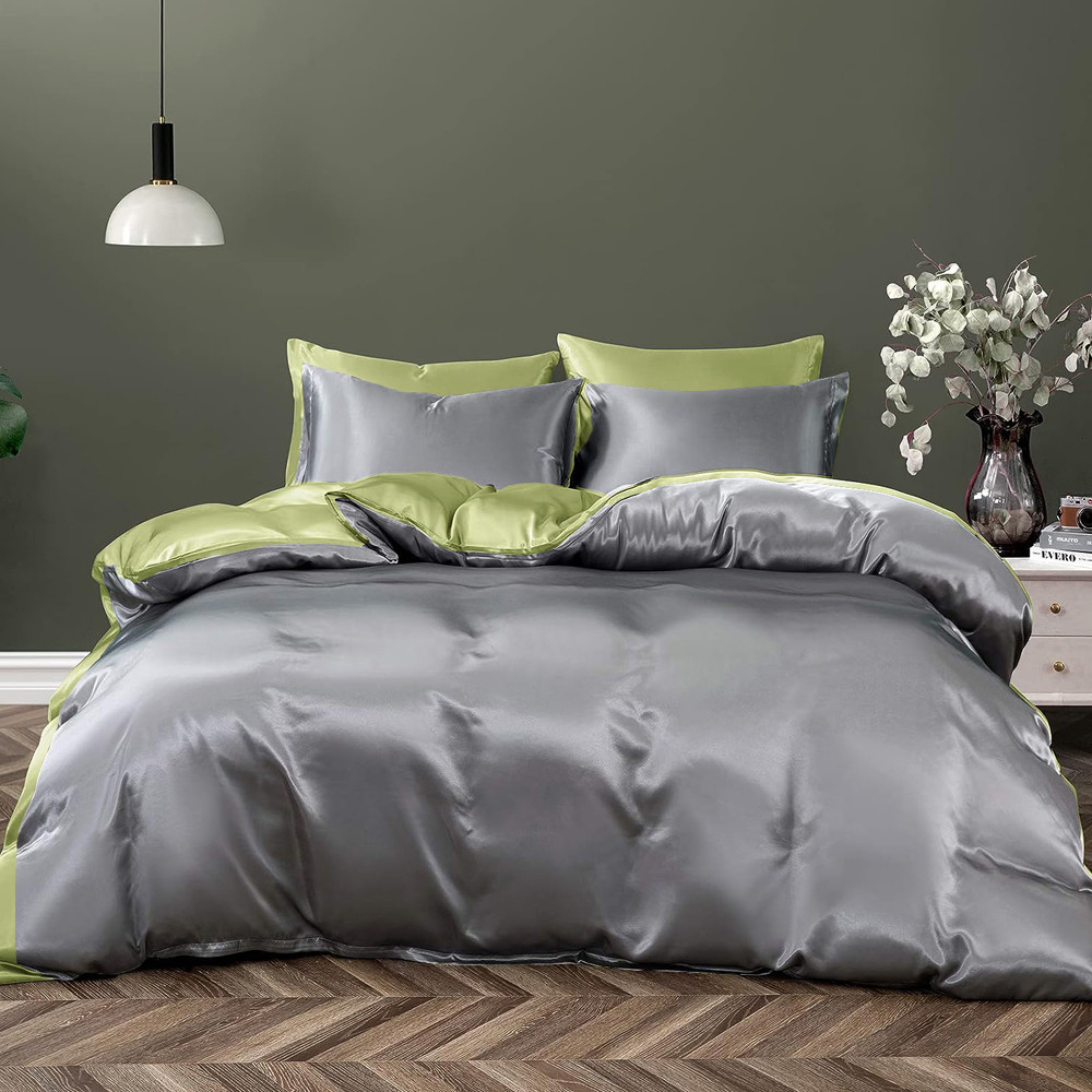 Постільна білизна ДУЕТ TRUE GREY/PISTACHIO Premium Premium Сатин однотон MERISET — Сімейний на гумці, фото 1