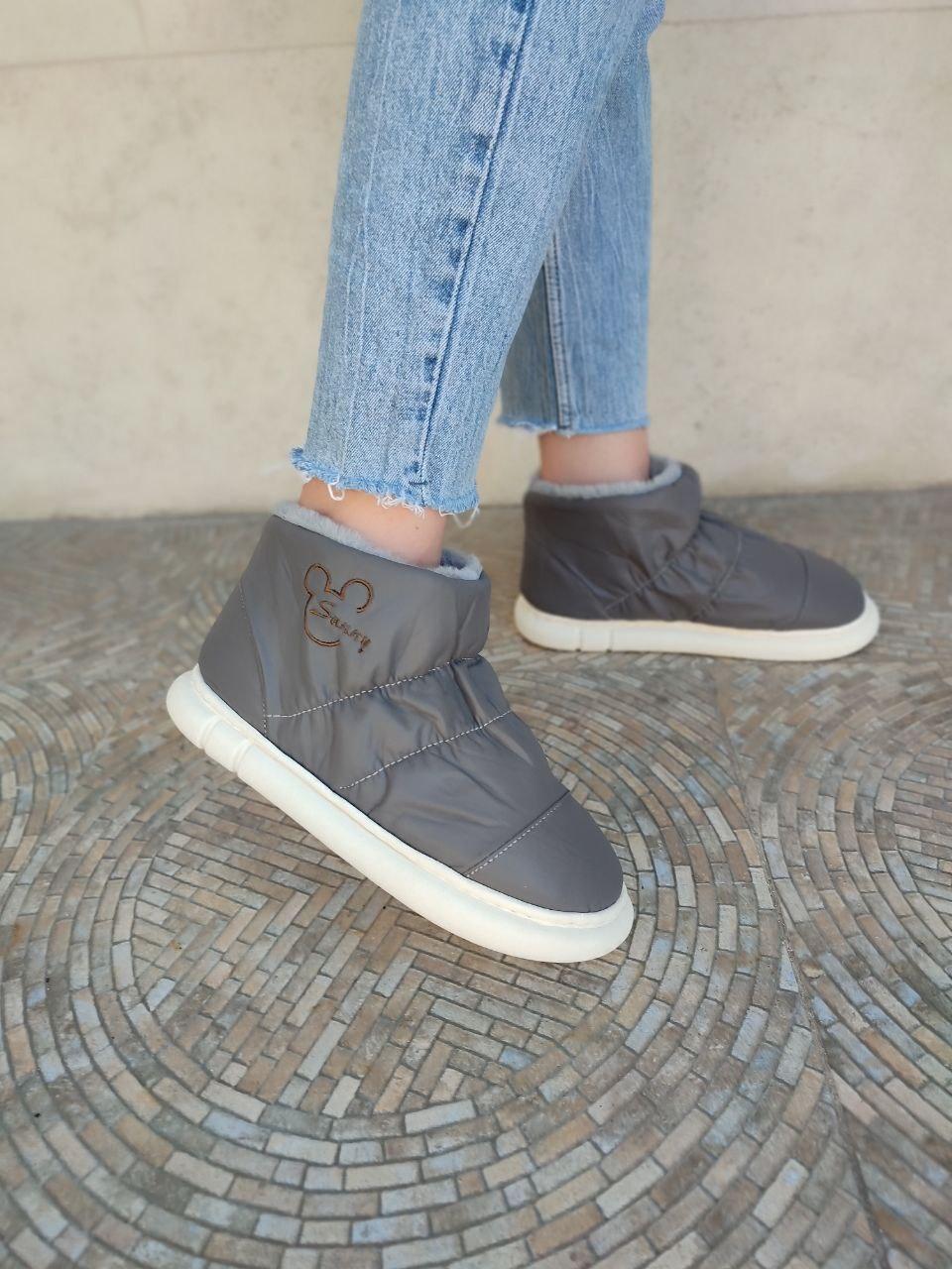 Дутики сірі високі екошкіра на білій підошві непромокаючі GREY