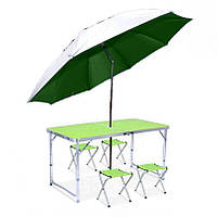 Туристический складной стол + 4 стула + компактный зонт Салатовая столешница