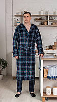 Мужской махровый халат на запах синий в клетку, теплый домашний халат велсофт с карманами и капюшоном