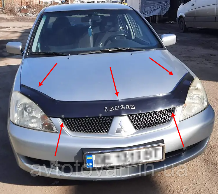 Дефлектор капота Mitsubishi Lancer 9 2000-2009 Мухобойка на капот Митсубиси Лансер 9 с 2000 по 2009 - фото 1 - id-p1949266441