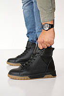 Стильные ботинки кеды мужские зимние из натуральной кожи черного цвета на шнурках на меху