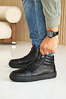 Стильні черевики кеди чоловічі зимові з натуральної шкіри чорного кольору на шнурках на хутрі