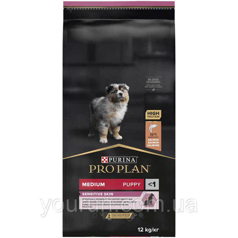 Pro Plan PUPPY MEDIUM Sensitive Skin OPTIDERMA корм для щенят середніх порід з лососем і рисом 12кг.