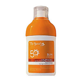 Сонцезахисний крем "Для обличчя та тіла" з алое вера, колагеном, В5 Top Beauty Sun Cream SPF 50, 100 мл