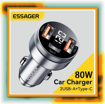Автомобильное зарядное устройство с вольтметром Essager Quick Charge 80W LED 1 Type-C 36w + 2 USB 2x22.5w