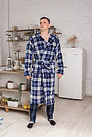 Мужской махровый халат на запах синий в белую клетку, теплый домашний халат велсофт с карманами и капюшоном