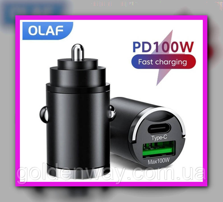 АЗП Автомобільний зарядний пристрій Olaf 100 W Mini Quick Charge Швидке заряджання PD+QC USB+Type-C Black