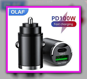 АЗП Автомобільний зарядний пристрій Olaf 100 W Mini Quick Charge Швидке заряджання PD+QC USB+Type-C Black