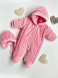 Комбінезон "Змійка" з шапочкою для новонароджених, рожевий велюр + в'язане полотно, фото 2