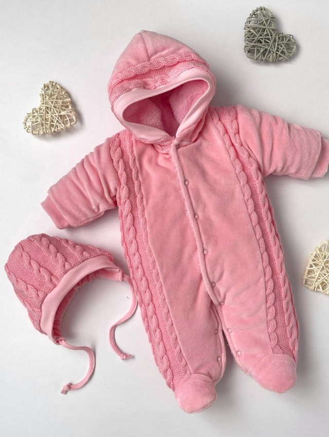 Комбінезон "Змійка" з шапочкою для новонароджених, рожевий велюр + в'язане полотно, фото 1
