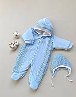 Комбінезон "Змійка" з шапочкою для новонароджених, блакитний велюр + в'язане полотно