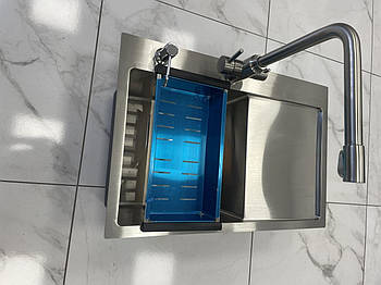 Раковина кухонна Qtap DK6845L 3.0/1.2, мийка з нержавіючої сталі зі змішувачем, дозатором та сушаркою для посуду