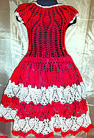 Ажурне плаття літнє в'язане на дівчинку, червоне з білим, на 6-7 років