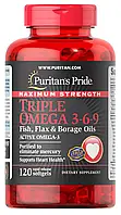 Омега 3 6 9, Puritans Pride Maximum Strength Triple Omega 3-6-9 Fish, Flax & Borage Oils (120 Softgels)