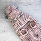 Теплий дитячий комплект для дівчинки 1 2 3 4 роки пудра: зимова шапка на флісі з помпоном та в'язаний шарф-хомут, фото 4