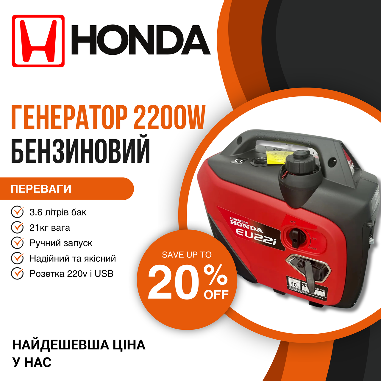 Безпечний та безвідмовний бензиновий генератор інверторний Honda EU22i ручний стартер 2,2 кВт