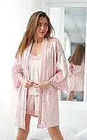 Женская велюровая пижама 4в1 (майка, шорты, рубашка и халат) ПУДРА