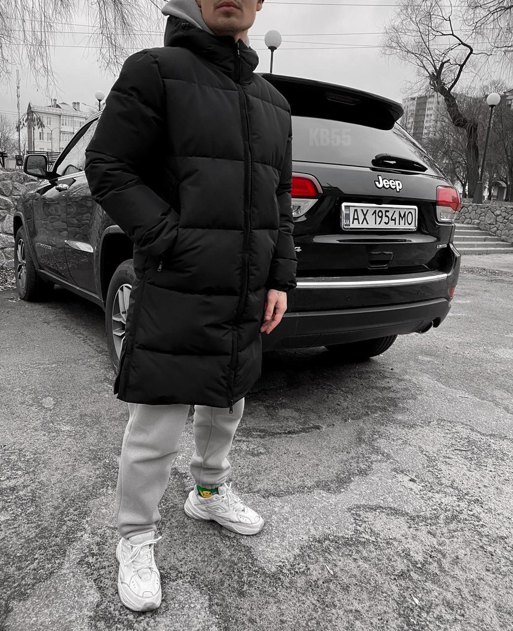 Чоловічий зимовий чорний пуховик з капюшоном подовжений Sportano