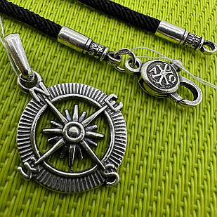 Кулон оберіг Компас та чорний шовковий шнурок срібло чорнене 925 проба