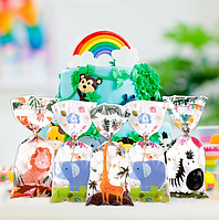 Пакеты подарочные с рисунком Джунгли, для сладостей фасовочные прозрачные с зажимами микс 10 шт 27х12.5 см