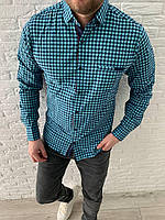 Модна класична чоловіча сорочка блакитна в клітку, якісна стильна чоловіча сорочка з довгим рукавом