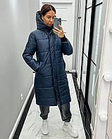 Куртка жіноча зимова довга з капюшоном синя плащівка на синтепоні Розмір S, M, L | Куртка зимова плащівка