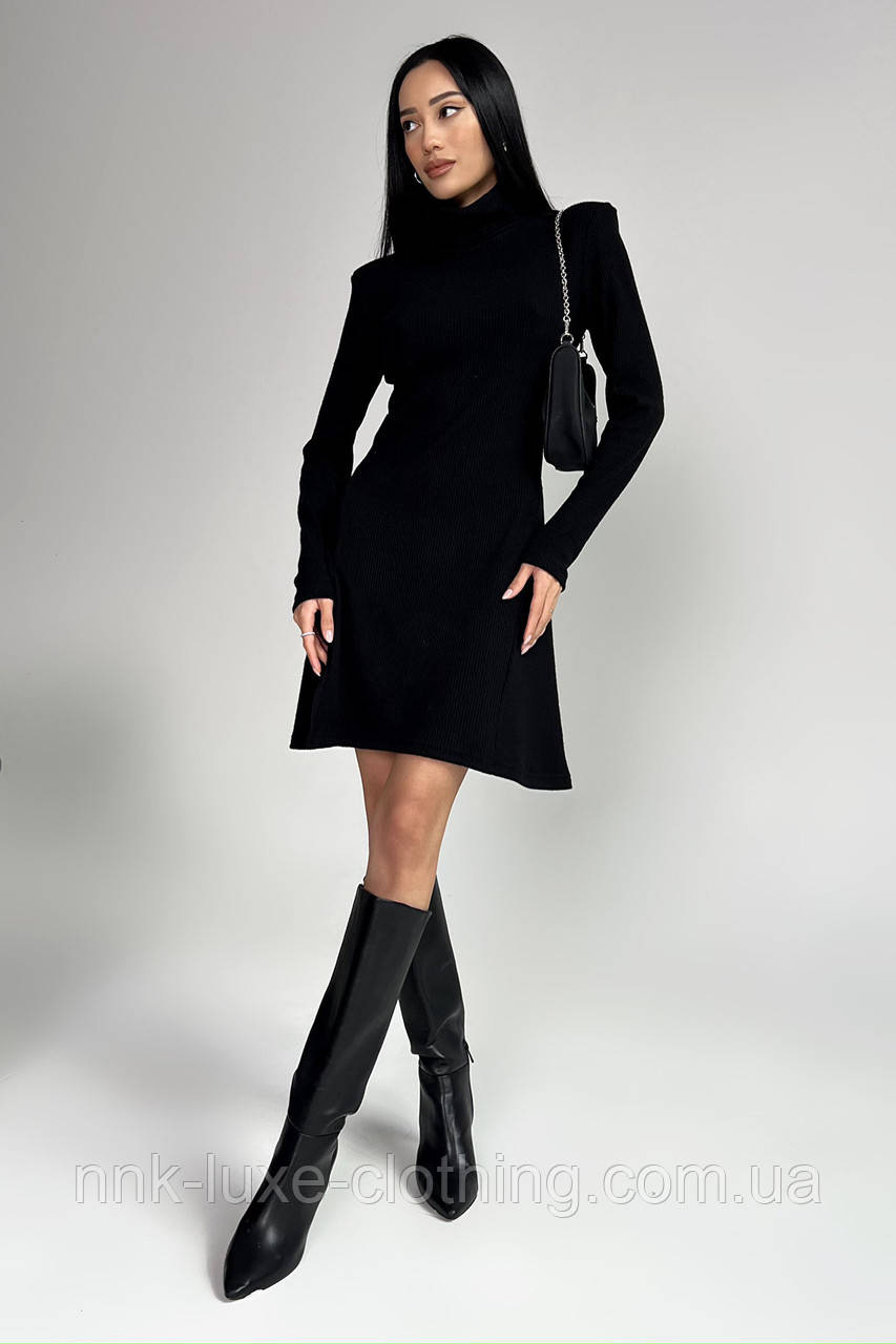 Сукня - футляр, жіноча коротка міні, з коміром стійкою, ангора рубчик, з довгим рукавом, Чорна  S, M, L, XL