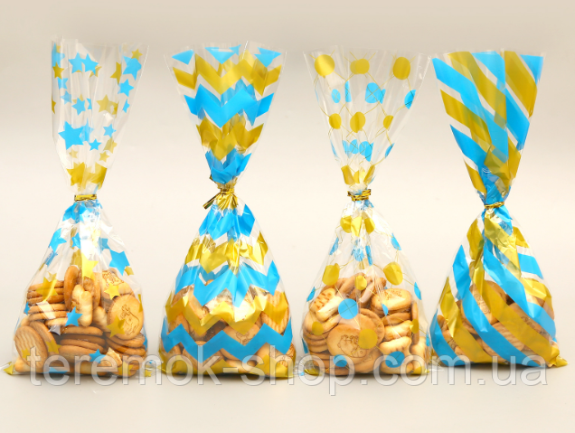 Пакеты подарочные с рисунком Голубые, для сладостей фасовочные прозрачные с зажимами микс 10 шт 27х12.5 см - фото 1 - id-p1949604590