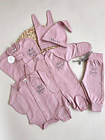Одяг для новонароджених дівчаток на виписку у пологовий будинок - шапочка 2шт, боді, чоловічок, штанці, пеленка кокон )