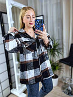Женская клетчатая теплая рубашка с капюшоном турецкий кашемир в клетку весенняя осенняя в стиле батал оверсайз Коричневый, 56