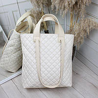 Большая женская сумка шоппер формата А4 стеганая стильная молодежная светло-бежевая экокожа