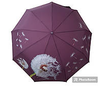 Зонт женский на 10 спиц с системой антиветер и усиленным каркасом однотонной расцветки с одуванчиком