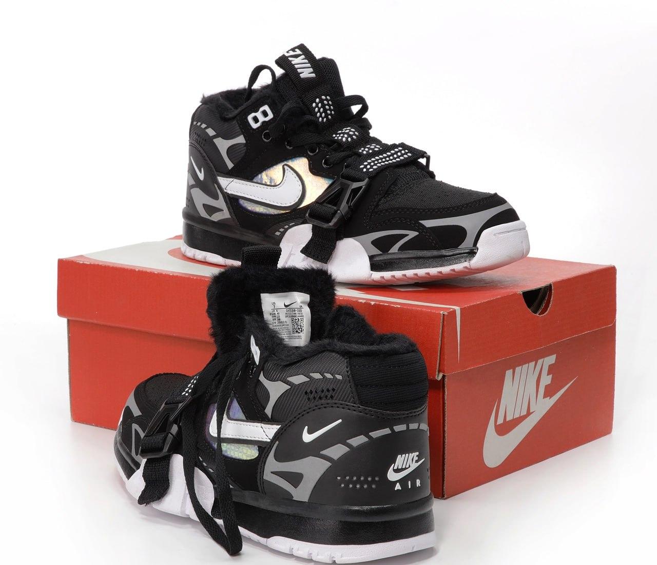 Зимові чоловічі кросівки Nike Air Trainer 1 SP Winter Найк Аїр Треїнер чорні рефлектив замш текстиль хутро зима