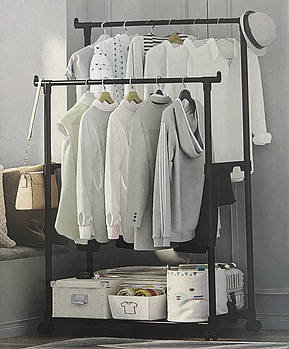 Підлогова телескопічна подвійна стійка вішалка для одягу на коліщатках регульована пересувна Чорна