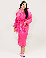 Длинный женский махровый халат на запах с капюшоном, 2 кармана, цвет розовый