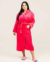 Длинный женский махровый халат на запах с капюшоном, 2 кармана, цвет манго
