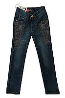 Стильные джинсы со стразами на девочку темно синего цвета с вышивкой и стразами 110 размер ВН-7