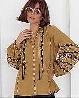 Вышиванка женская, блуза горчичного цвета с оригинальной вышивкой