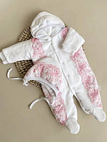 Демисезонный комбинезон Аля с шапочкой для новорожденных девочек 56 размер, белый с розовым