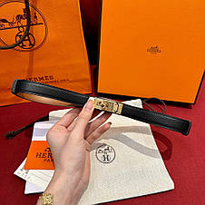 Жіночий чорний шкіряний ремінь Hermes Kelly 1.8 см із золотою пряжкою ермес, фото 4