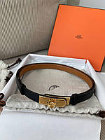 Женский черный кожаный ремень Hermes Kelly 1.8 см с золотой пряжкой эрмес гермес
