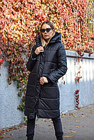 Зимова куртка пуховик пальто жіноча з плащової тканини на синтепоні з капюшоном чорний колір