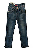 Штаны джинсовые для девочки широкий пояс темно-синего цвета с вышивкой и стразами 104 размер ВН-9
